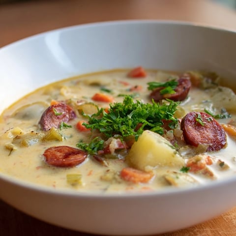 Creamy Chorizo Potato Soup, a steaming bowl of chunky potatoes and spicy chorizo, ready to serve.