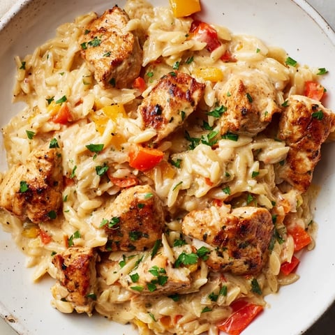 A steaming bowl of One-Pot Cajun Chicken Alfredo Orzo, a creamy and flavorful delight.