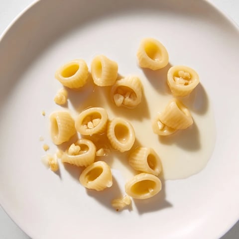 Golden ditalini pasta coated in buttery garlic sauce, a simple 3-ingredient dish.