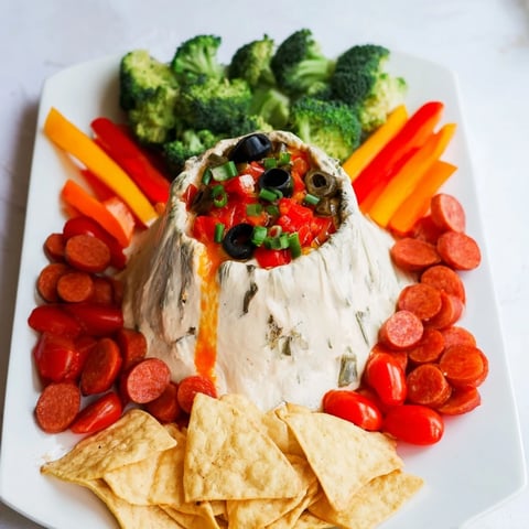 Molten Lava Flow Volcano Dip Platter: A bubbling cheese dip, perfect for a party, surrounded by fresh, colorful dippers.