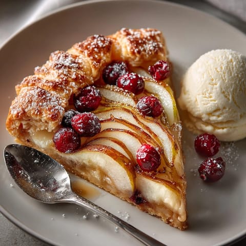 Freshly baked Spiced Pear and Cranberry Galette served warm with melting vanilla ice cream.