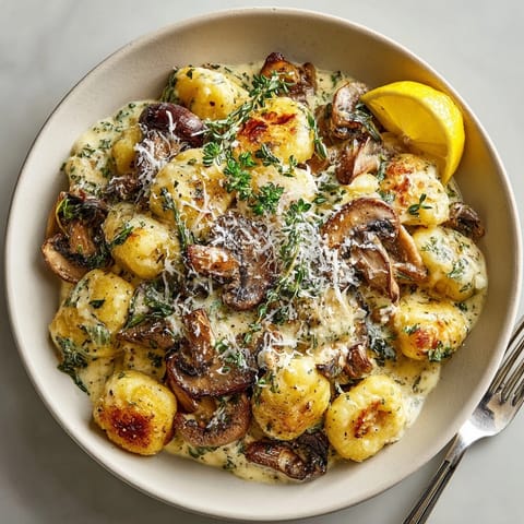 Warm, creamy mushroom and herb skillet gnocchi served in a bowl with golden sautéed mushrooms.