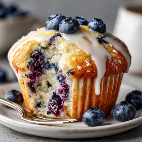 Lemon blueberry yogurt muffins cooling on a rack, drizzled with tangy lemon glaze.