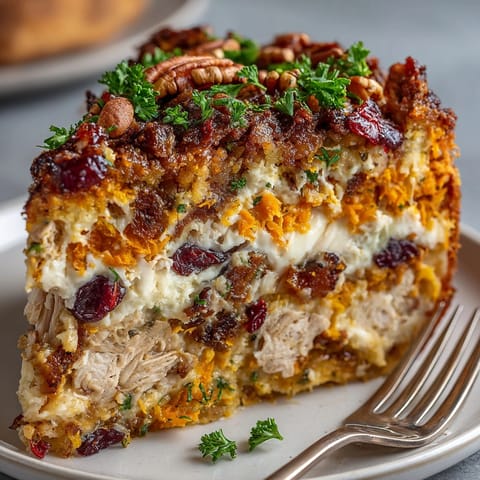 Golden sweet potato crumbles topping the novel Thanksgiving Chaos Cake, ready to enjoy for eight.