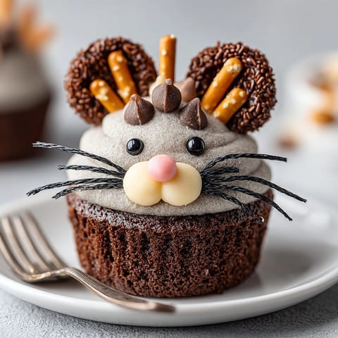 Sweet Chaos Cake cupcakes shaped like silly rats with vibrant buttercream frosting and candy embellishments.
