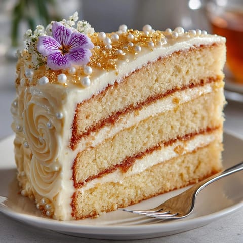 A beautifully layered Rococo Revival Vanilla Cake, iced in vanilla buttercream and decorated with pearls.