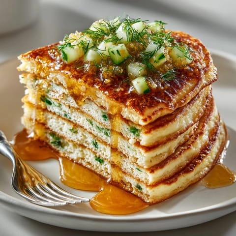 Golden-brown cottage cheese pancakes are stacked, ready to be enjoyed with decadent maple pickle butter.