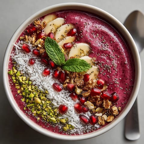 A close-up view of a delicious Cherry-Coded Holiday Smoothie Bowl, beautifully topped with vibrant pomegranate seeds.