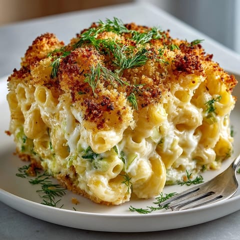 A creamy, cheesy Simple Pickle-Fix Mac and Cheese Casserole served with Parmesan and fresh dill garnish.