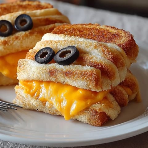 Delicious Halloween Grilled Cheese Mummy Wraps are ready to eat, with melted cheese bandages and spooky olive eyes!