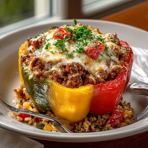 Close-up of stuffed cheese bell peppers with ground turkey, golden cheese bubbling on top.