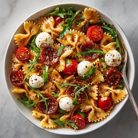 Vibrant bowl of Hot Honey Pasta Salad Recipe featuring glossy noodles, cherry tomatoes, and sweet-spicy dressing