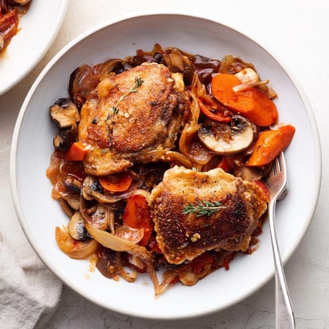 Cozy Slow Cooker French Wine Chicken served on mashed potatoes with parsley garnish.