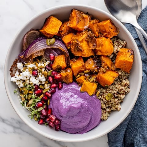 A nourishing spiced winter bowl filled with roasted veggies and crunchy pistachio crumble.  