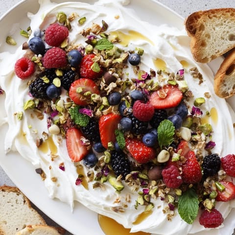 Whipped cream cheese spread on a platter, adorned with vibrant berries and chocolate.  
