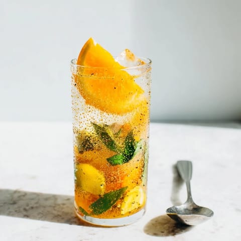 Colorful probiotic soda mocktail in glasses, garnished with orange slices and fresh mint.  