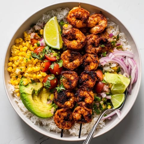 Vibrant Easy Grilled Shrimp Bowl featuring sweet corn, fresh avocado, and fluffy rice.  