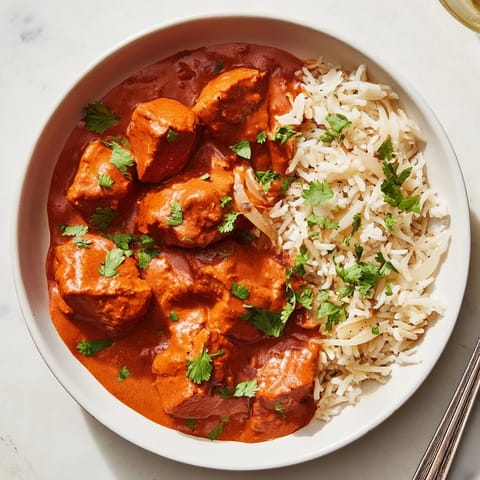Delicious Butter Chicken garnished with cilantro, alongside aromatic basmati rice pilaf.  