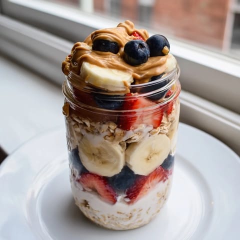 Visualize the vibrant layers of Overnight Oats Jars, a quick breakfast with berries and oat goodness.