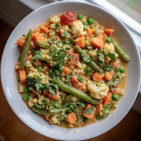 Aromatic Veggie Coconut Curry, garnished with fresh cilantro, served alongside fluffy rice.