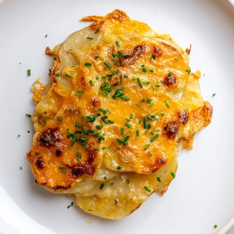 This photo features a baked casserole of Cheesy Scalloped Potatoes, layered in a rich, cheesy sauce.