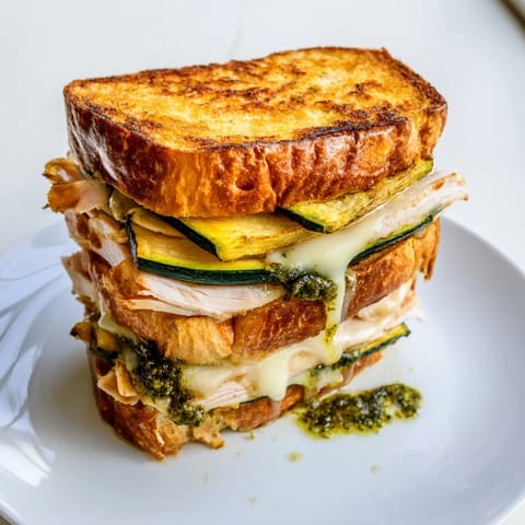 A close-up of a stacked Pesto Turkey Zucchini Grilled Cheese, showcasing layers of delicious ingredients.