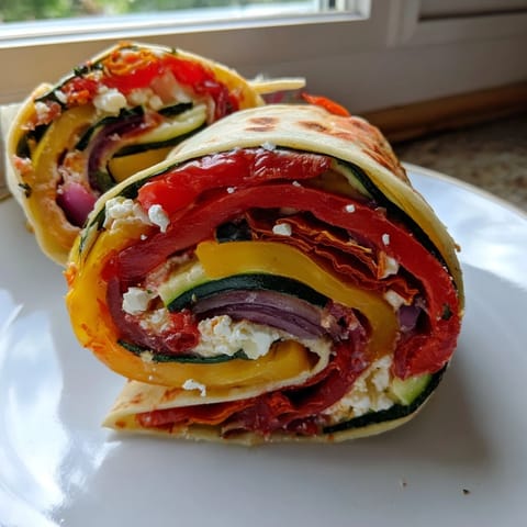 Festive Roasted Veggie & Feta Spiral Wrap, bursting with colorful, tender vegetables and creamy feta.