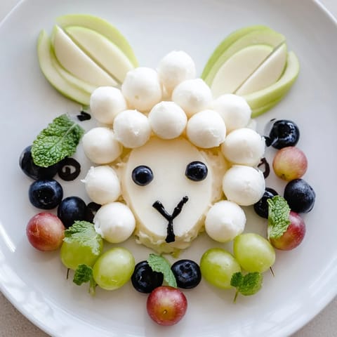 The Lamb Face Fruit and Cheese Platter features a creamy pear base, surrounded by mozzarella "wool."