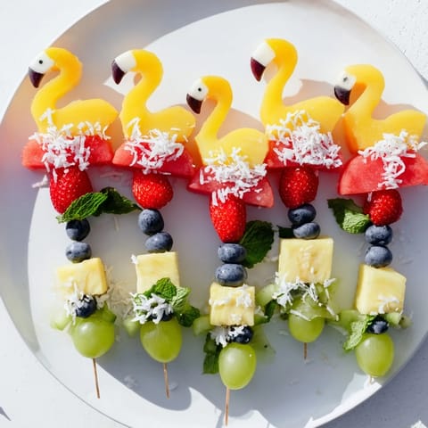 Refreshing Flamingo Fruit Skewers arrangement, with juicy watermelon and pineapple perfect for a sunny day's snack.