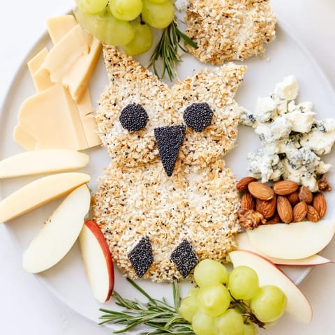 See an inviting Owl Cracker and Cheese Board displaying various cheeses alongside the owl-shaped crackers and nuts.