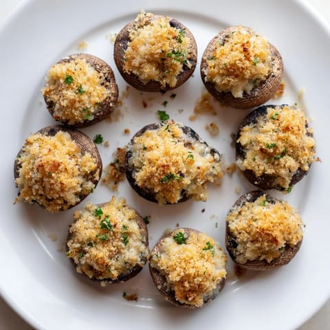 Savory stuffed mushroom caps, glistening with olive oil, make an easy, flavorful vegetarian appetizer.