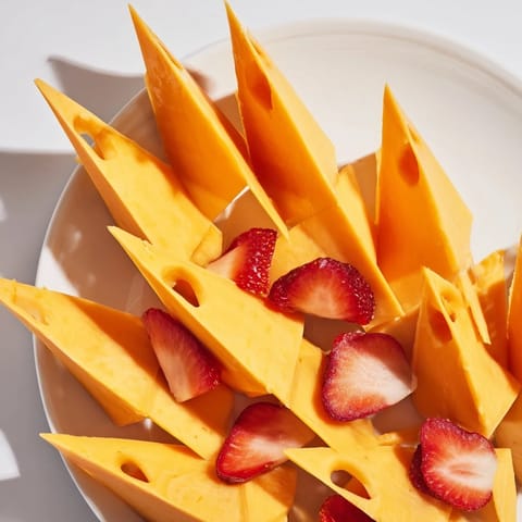 Visualize the Retro Rocket: cheddar cheese rocket body with vibrant strawberry flames and olives.