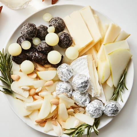 This visually stunning The Silver Screen cheese board features creamy cheeses alongside glistening silver wrapped chocolates.