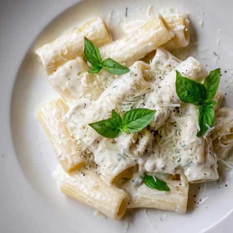 Velvety smooth creamy cottage cheese pasta, topped with Parmesan and ready for serving.