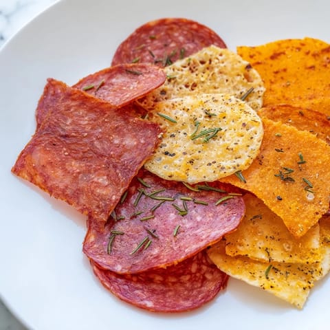 Golden, baked charcuterie chips piled on a platter, ideal for low-carb snacking with friends.