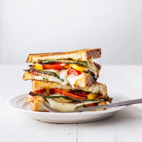 A close-up of the Roasted Veggie Caprese Grilled Cheese showing melted mozzarella stretching, vibrant roasted vegetables, and juicy tomato slices on buttery bread.