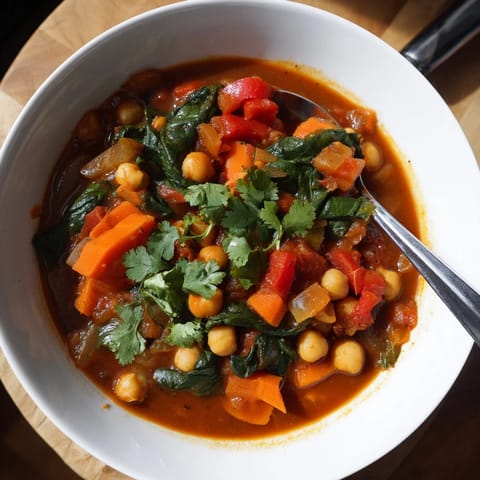 Steam rises from this vibrant Spicy Chickpea Stew, packed with colorful vegetables and aromatic spices.