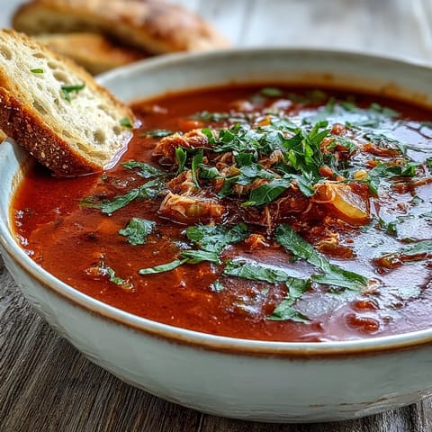 Steaming bowl of Tuna and Tomato Soup garnished with fresh parsley and a lemon wedge.