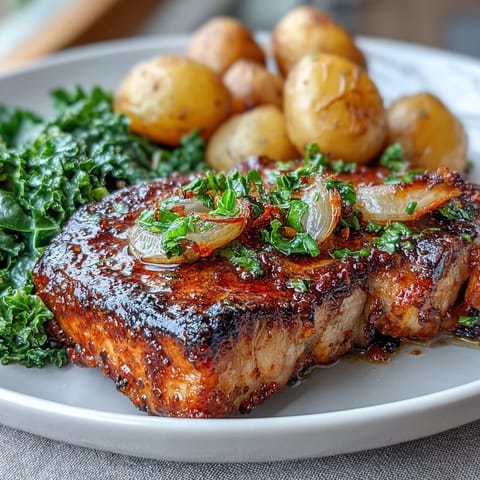 Aleppo Pork Chops roasted with golden potatoes and wilted greens on a sheet pan.
