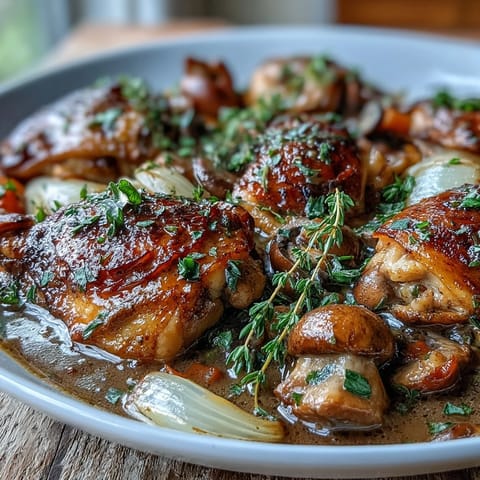 Elegant Coq au Vin Rosé with tender chicken, carrots, and herbs in a glossy, creamy sauce, ready to serve.