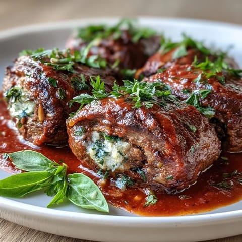 Golden-brown Sicilian-Style Braciole beef rolls simmering in a rich tomato sauce with melted pecorino cheese.
