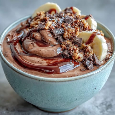 Indulgent chocolate peanut butter smoothie bowl drizzled with extra peanut butter, served in a white ceramic bowl for breakfast.