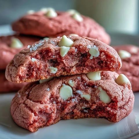 Stack of Pink Velvet Cookies showing soft centers and melted white chocolate chips, perfect for dessert platters.