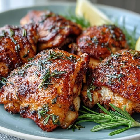 Golden Crispy Baked Bone-In Chicken Thighs rest on a wire rack, showing juicy dark meat served alongside a crisp green salad.