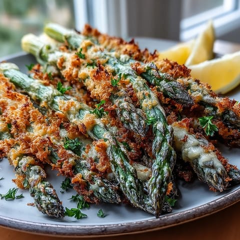 Baked Crispy Asparagus Asiago Spears on a platter, golden panko crust with smoked paprika and cheese.