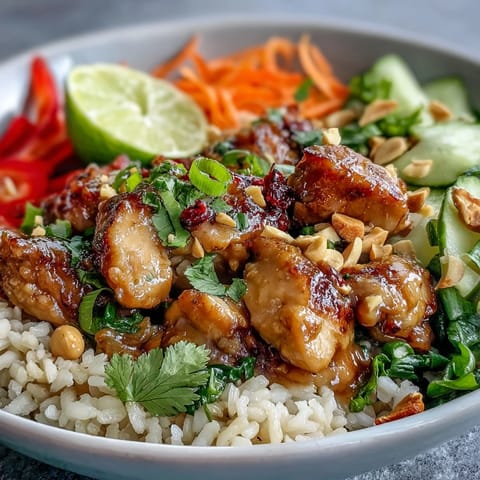 Thai Peanut Chicken Bowl with tender chicken and coconut rice, topped with crisp veggies and spicy peanut sauce.