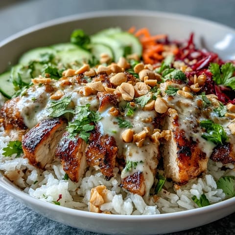 Fluffy coconut rice topped with sliced grilled chicken, crisp red cabbage, carrots, cucumber, and a creamy peanut sauce drizzle.