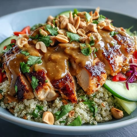 Golden-brown baked chicken slices rest over fluffy quinoa, with vibrant carrots, bell peppers, and crisp purple cabbage, all drenched in a creamy peanut sauce.