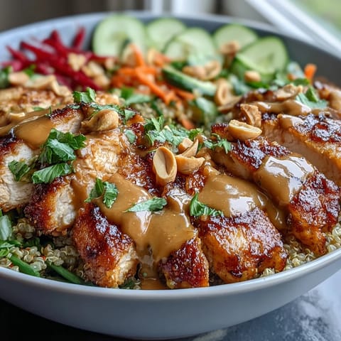 The finished Peanut Chicken Power Bowl garnished with chopped peanuts and lime wedges, ready to be served for a healthy lunch or dinner.