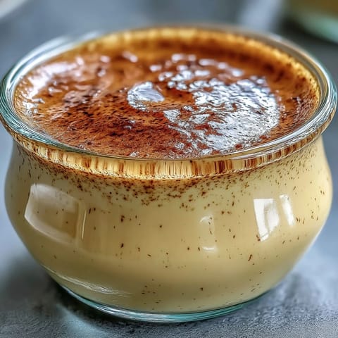 Silky Hojicha Pudding layered in a glass, topped with whipped cream and cocoa powder for an elegant Japanese dessert.
